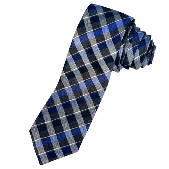 Alfani Blue Gray Plaid 100% Silk Mens Tie 3"x59" Classic‎ Designer Necktie - Picture 1 of 9